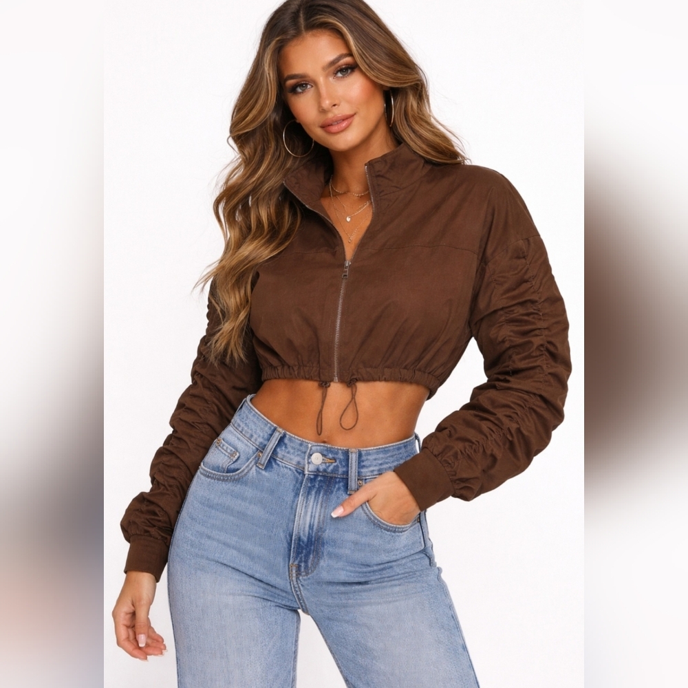 HYFVE Brown  Crop Jacket With Cinch Waist Zip Front And Rouched Long Sleeves NEW
